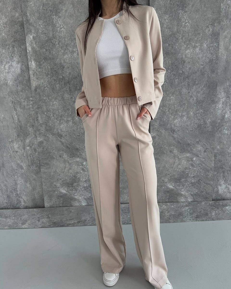 Women's Casual Long-Sleeve Blazer and Pants Set Solid Color Commuter Outfit