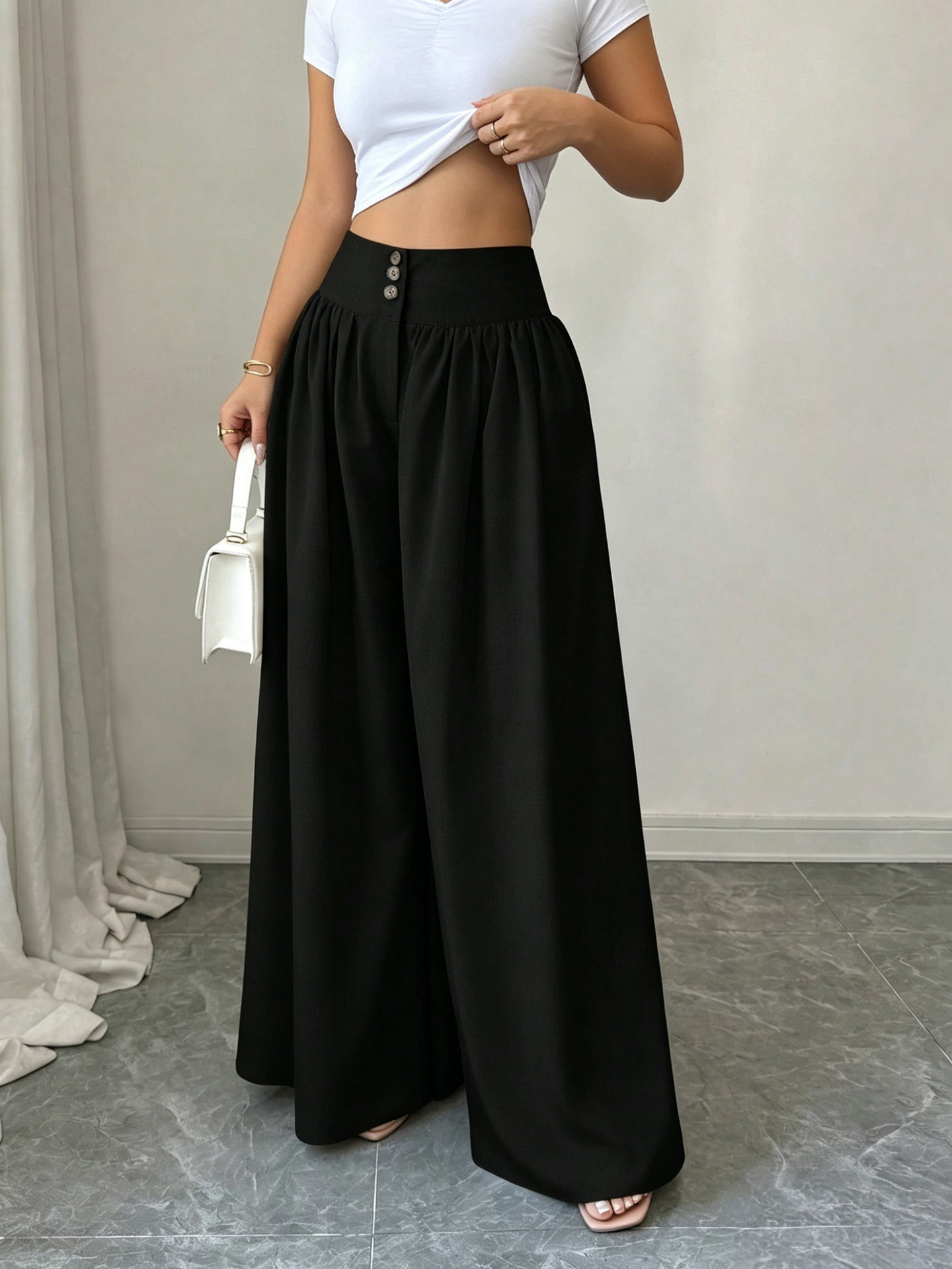 High-Waist Three-Button Wide-Leg Drapey Pants