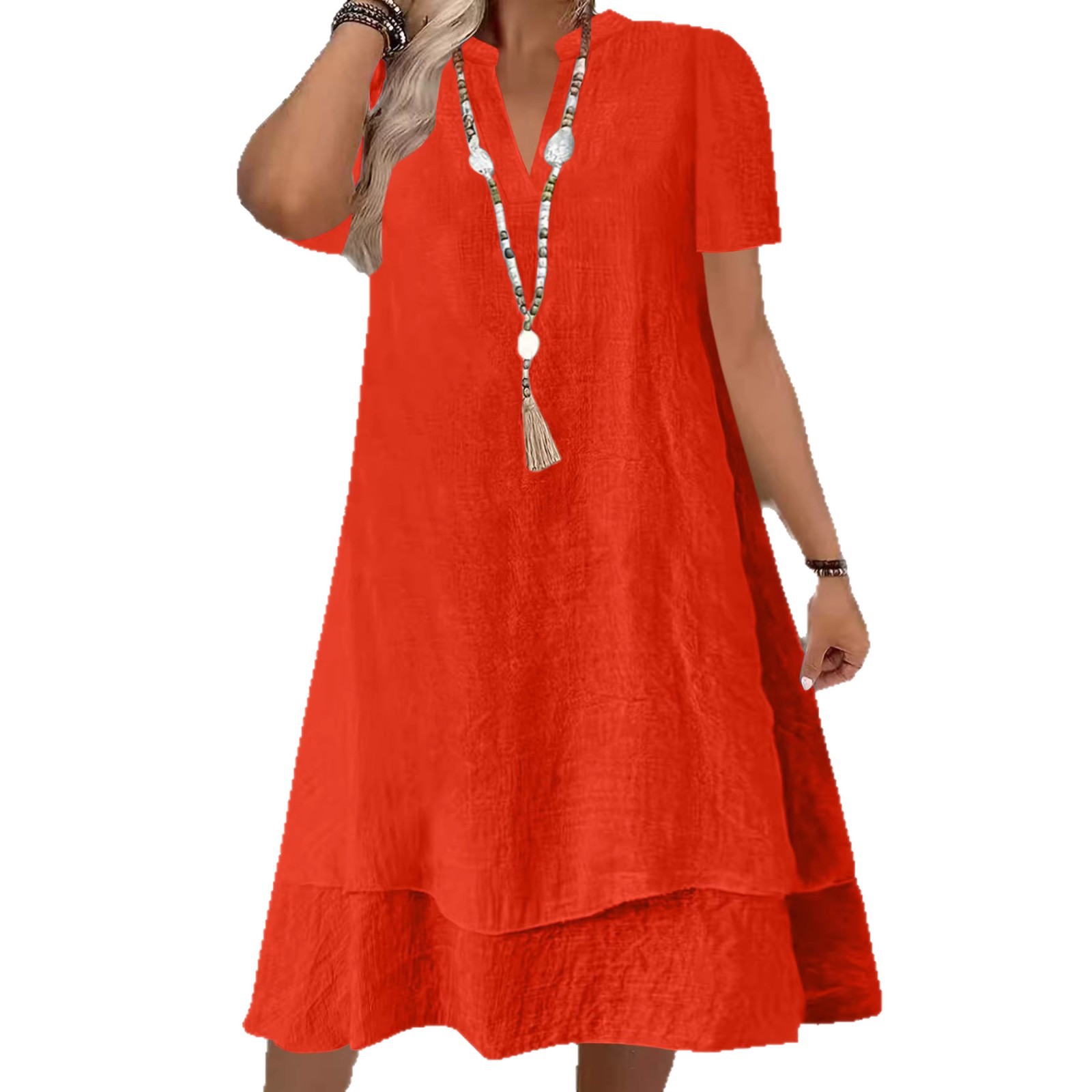 Women's Short Sleeve V-Neck Tiered Midi Dress Casual Loose Solid