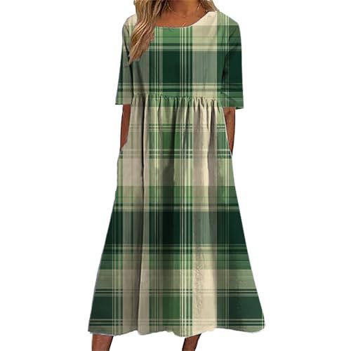 Women's Plaid Color-Block Floral Midi Dress with Pleated Details