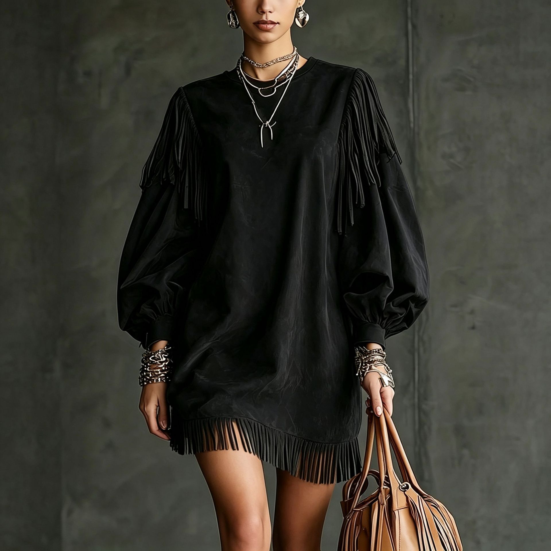 Women's Tassel Lantern Sleeve Short Dress - Loose Fit, Round Neck, Polyester Blend
