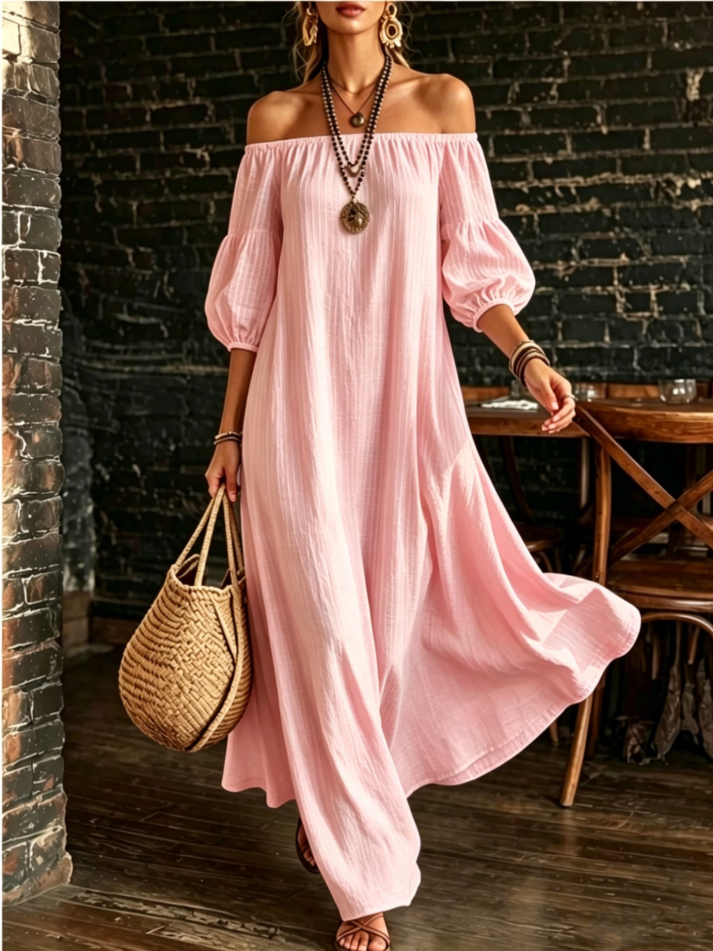 Off-Shoulder Puff Sleeve Textured Solid Color Dress Women Loose Flowy Vacation Beach Long Dress