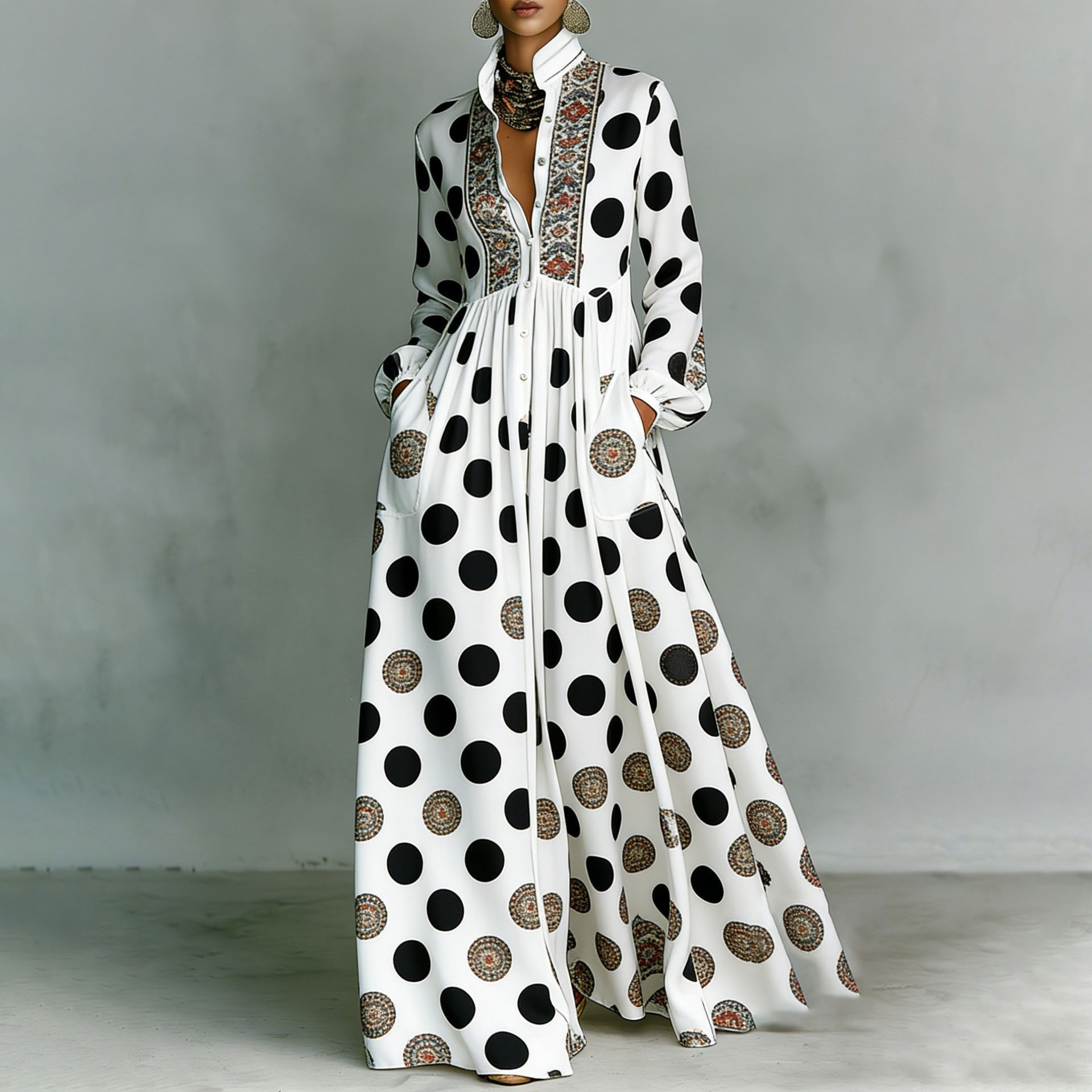 French Style Printed Long Dress with Collar, Loose Casual Vacation Dress