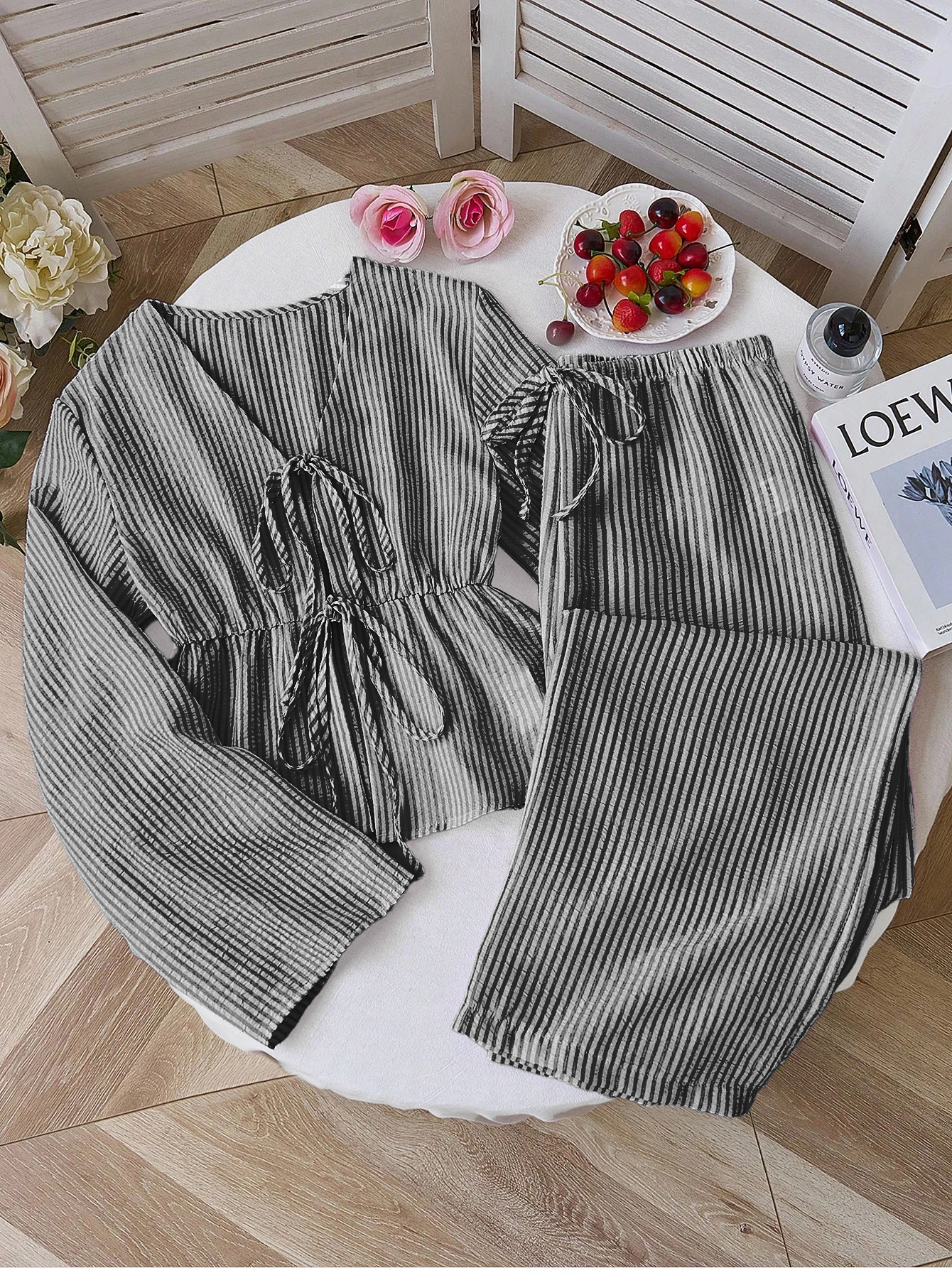 Striped Tie-Front Long-Sleeve Two-Piece Pants Set