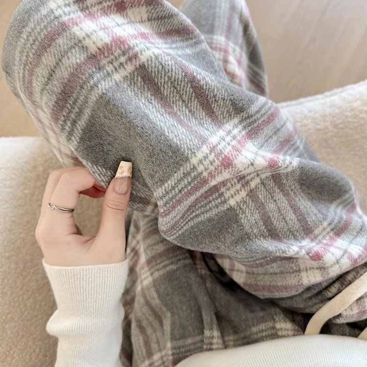Gray Plaid High-Waist Straight-Leg Wide-Leg Wool-Blend Pants for Women