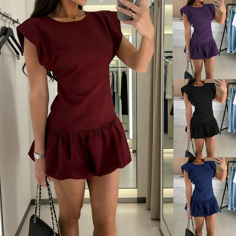 Women's Short Sleeve Ruffle Solid Color Dress