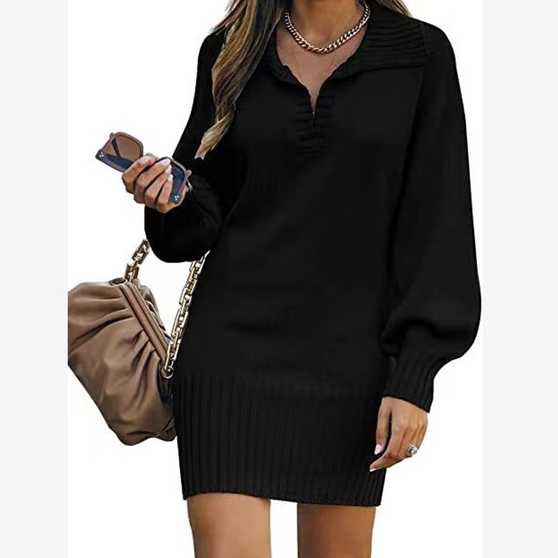 Women's Midi Sweater Dress with Collar and Lantern Sleeves