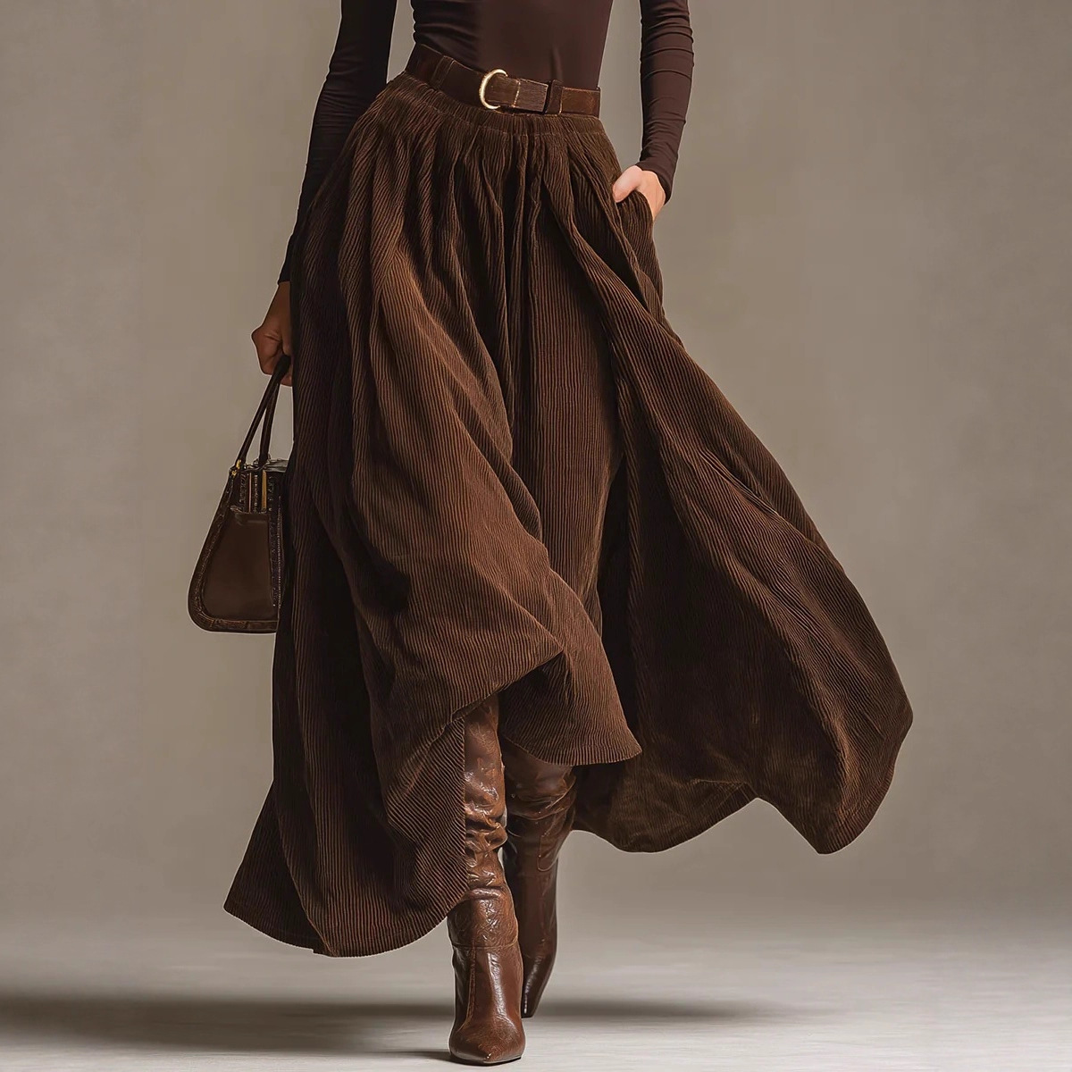 Retro Corduroy High-Waist Flared Midi Skirt & Solid Top Set