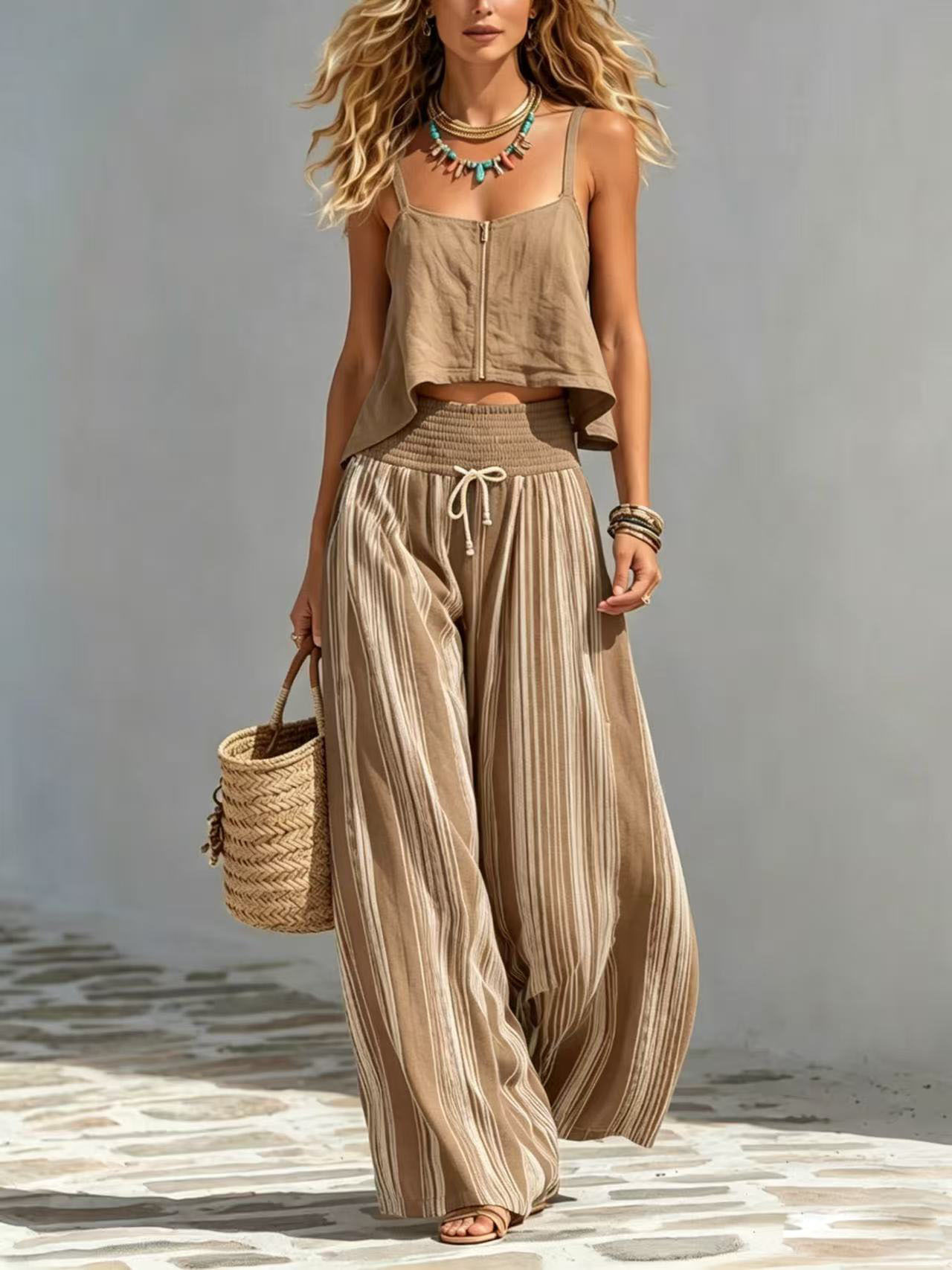 Women's Boho Striped Zip Cami Top & Wide-Leg Pants Set