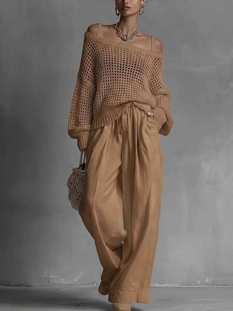 Women's Open-Knit Top & Cotton-Linen Pants Two-Piece Set