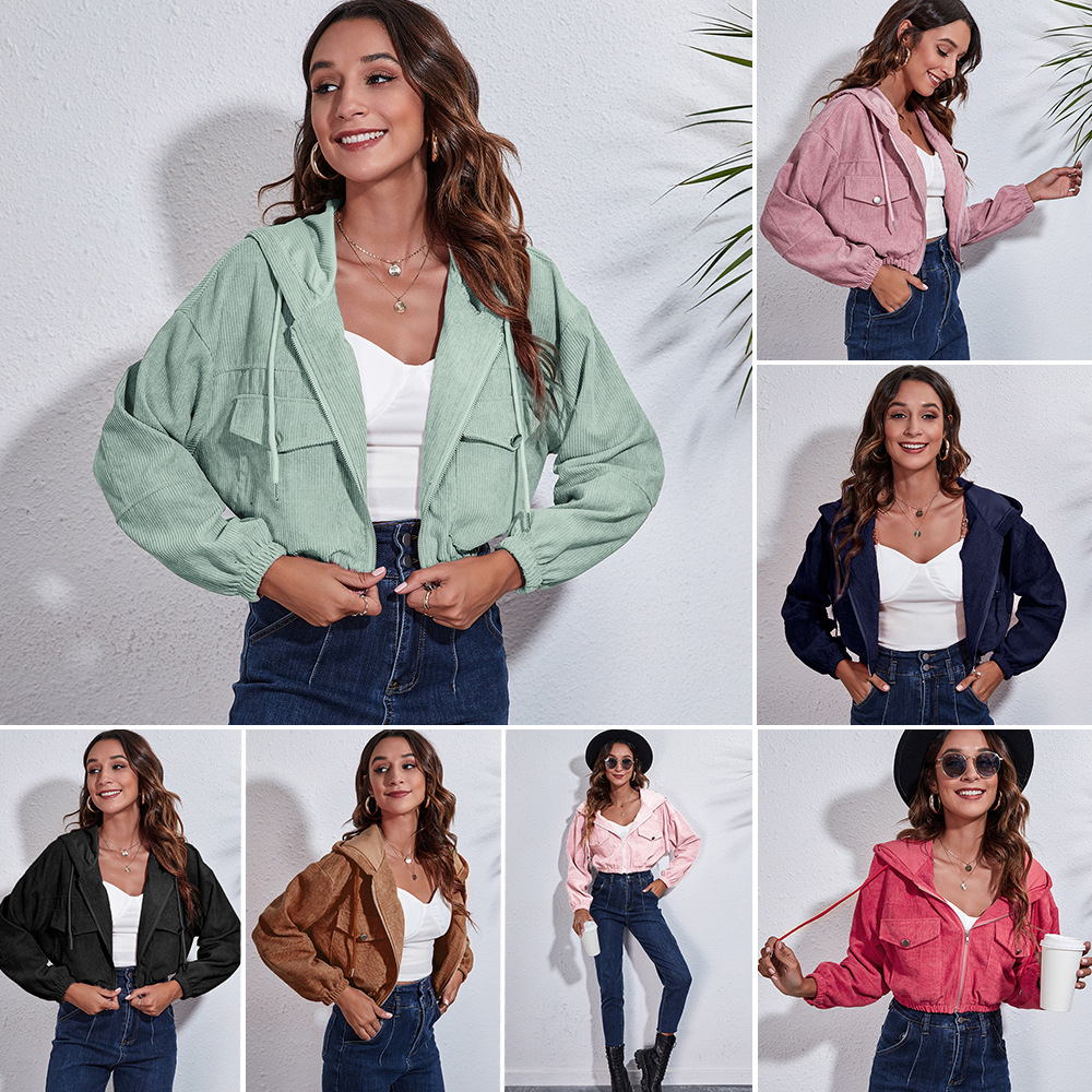 Corduroy Hooded Jacket Women's Loose Drop Shoulder Long Sleeve Cropped Coat