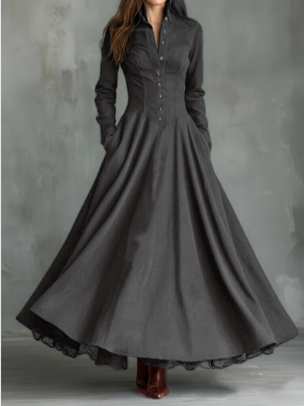 Faux Suede Lace-Trim Button-Front Shirt Dress
