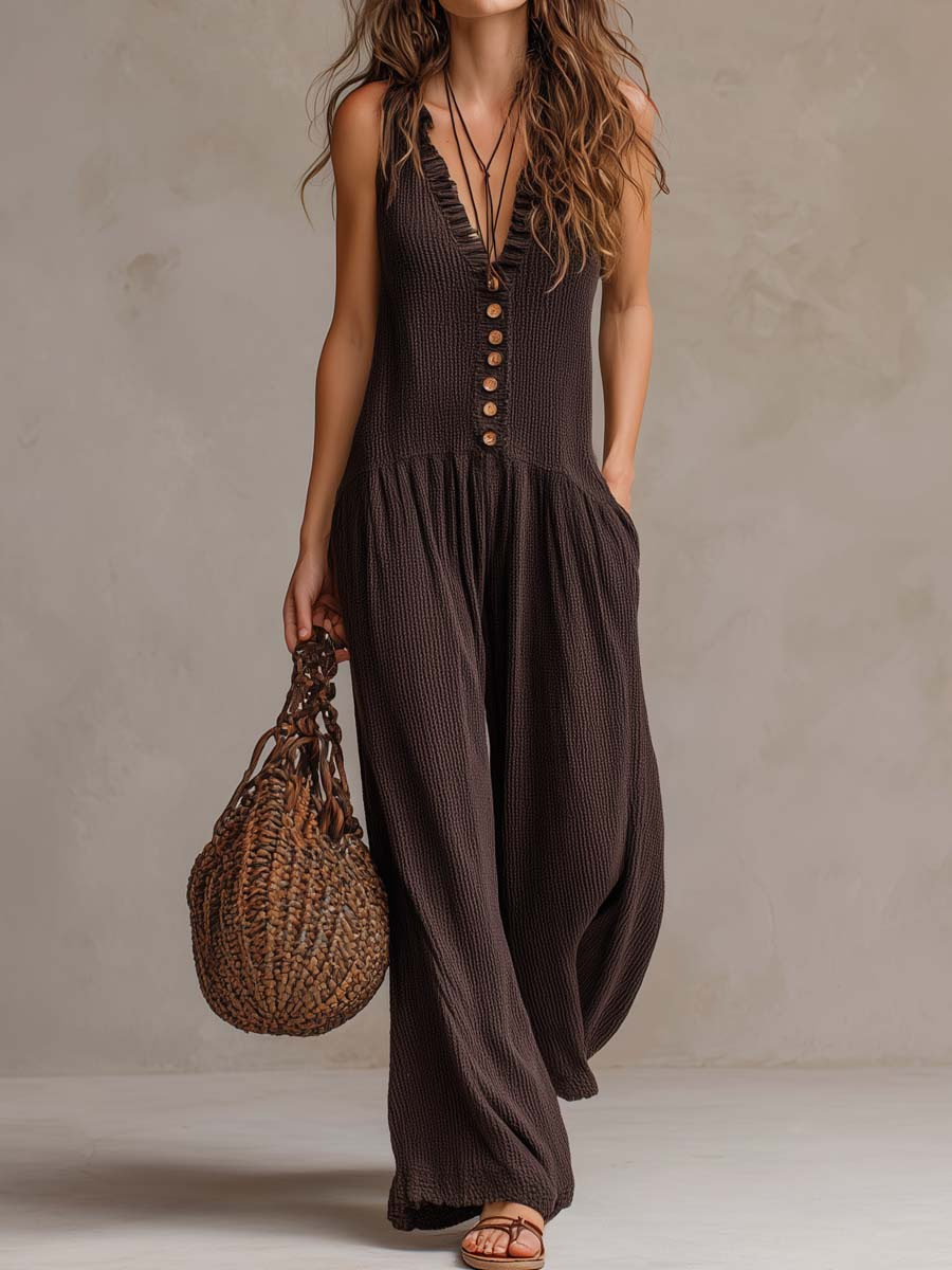 V-Neck Sleeveless Wide-Leg Knit Jumpsuit