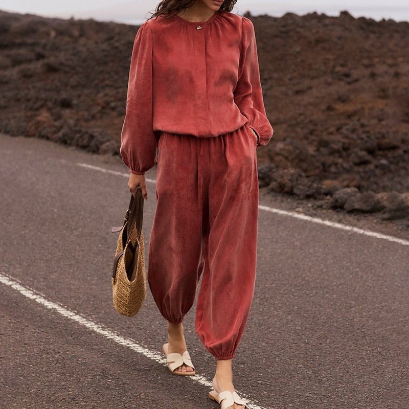 Women's Casual Wide-Leg Pants Long-Sleeve Crewneck Solid Color Slim Two-Piece Set