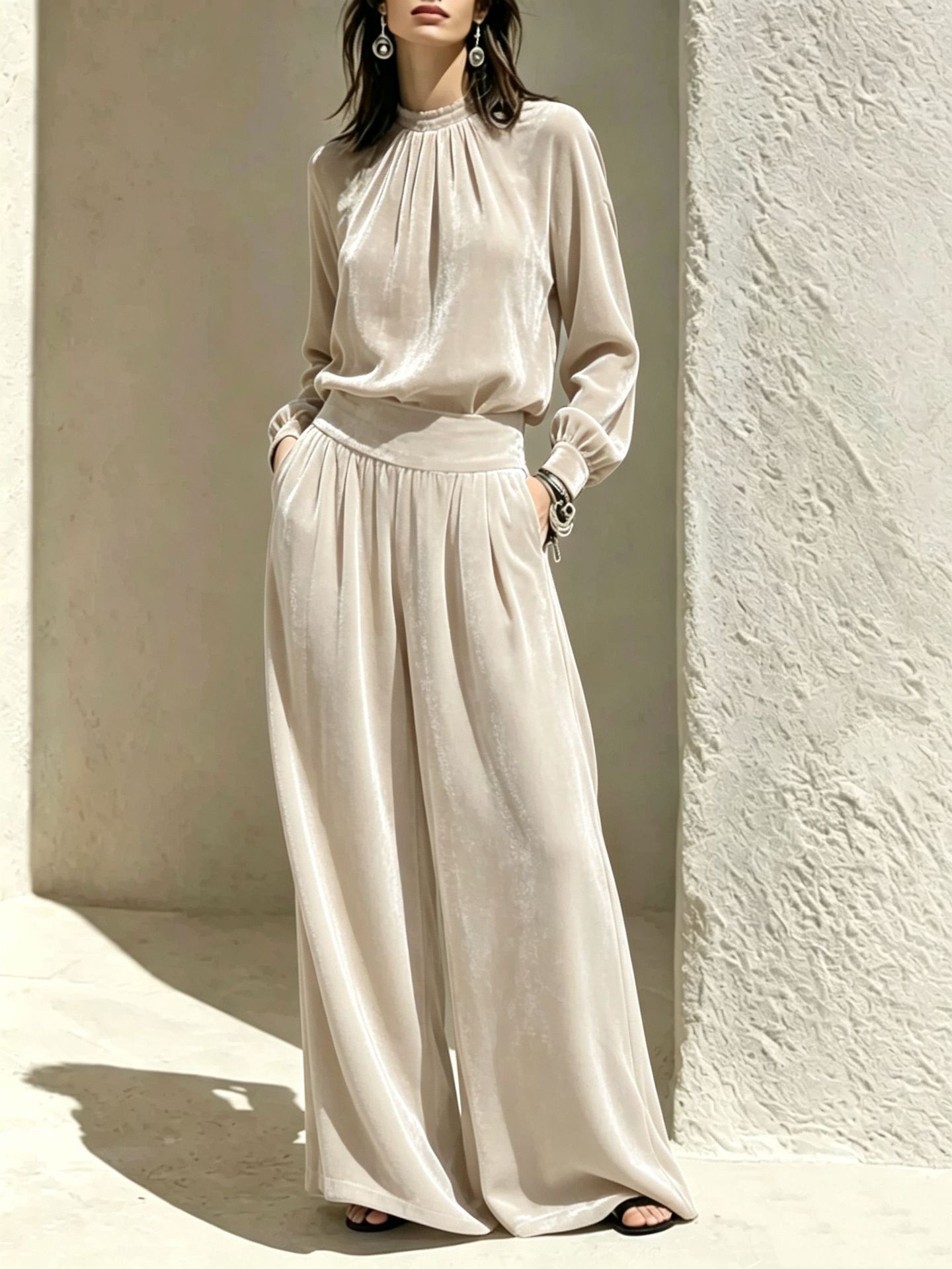 Women's Velvet Ruched Top & Wide-Leg Pants Two-Piece Set