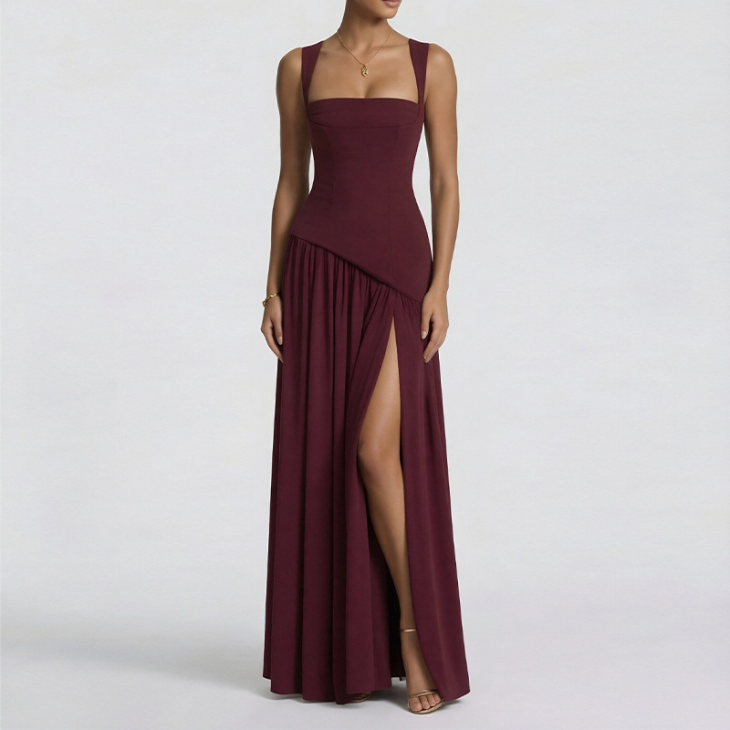 Elegant Slim-Fit Solid Color Waist-Cinched Split French Dress