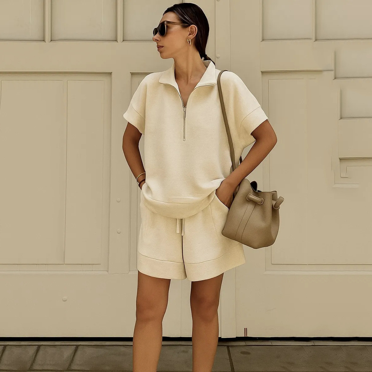 Women's Solid Color Long-Sleeve Top and Shorts Two-Piece Set Casual Streetwear