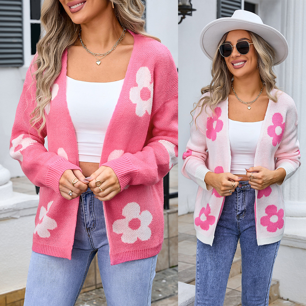 Floral Jacquard Knit Cardigan Sweater Plus Size Open Front