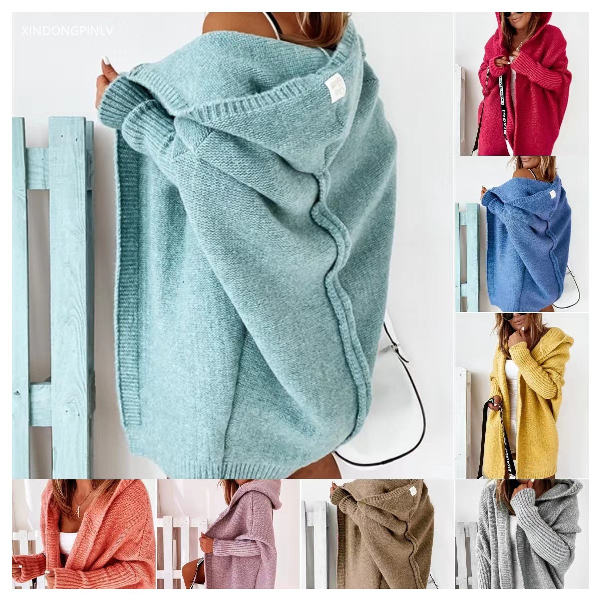 Hooded Knit Cardigan with Batwing Sleeves and Back Panel