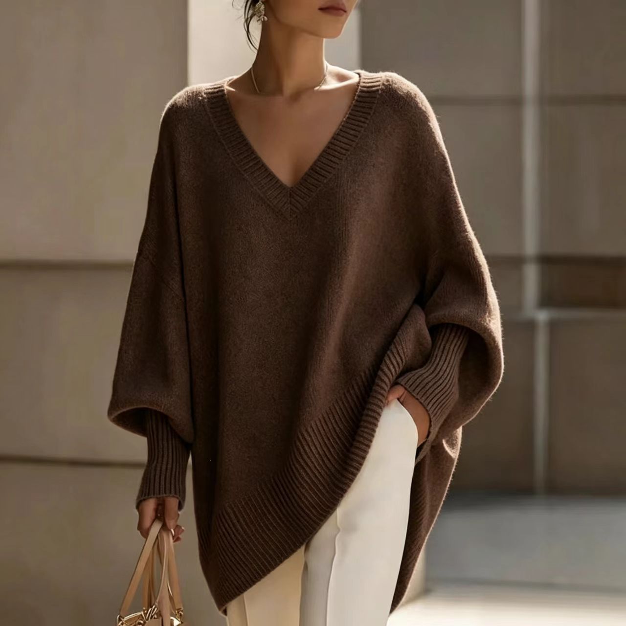 Solid V-Neck Lantern Sleeve Loose Knit Sweater for Women