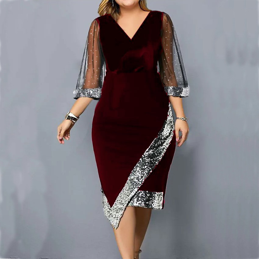 Gold Velvet Asymmetric Sequin Sheer Mesh Women's Dress