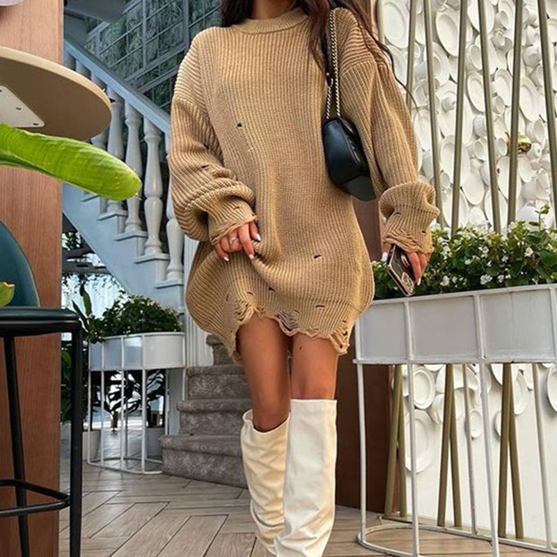 Loose Solid Color Distressed Crewneck Pullover Sweater Long Sleeve Mid-Length