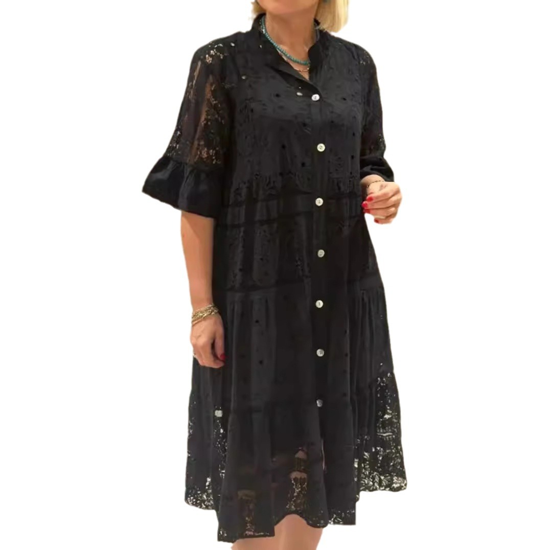 Women's Solid V-Neck Button Lace Panel Midi Dress