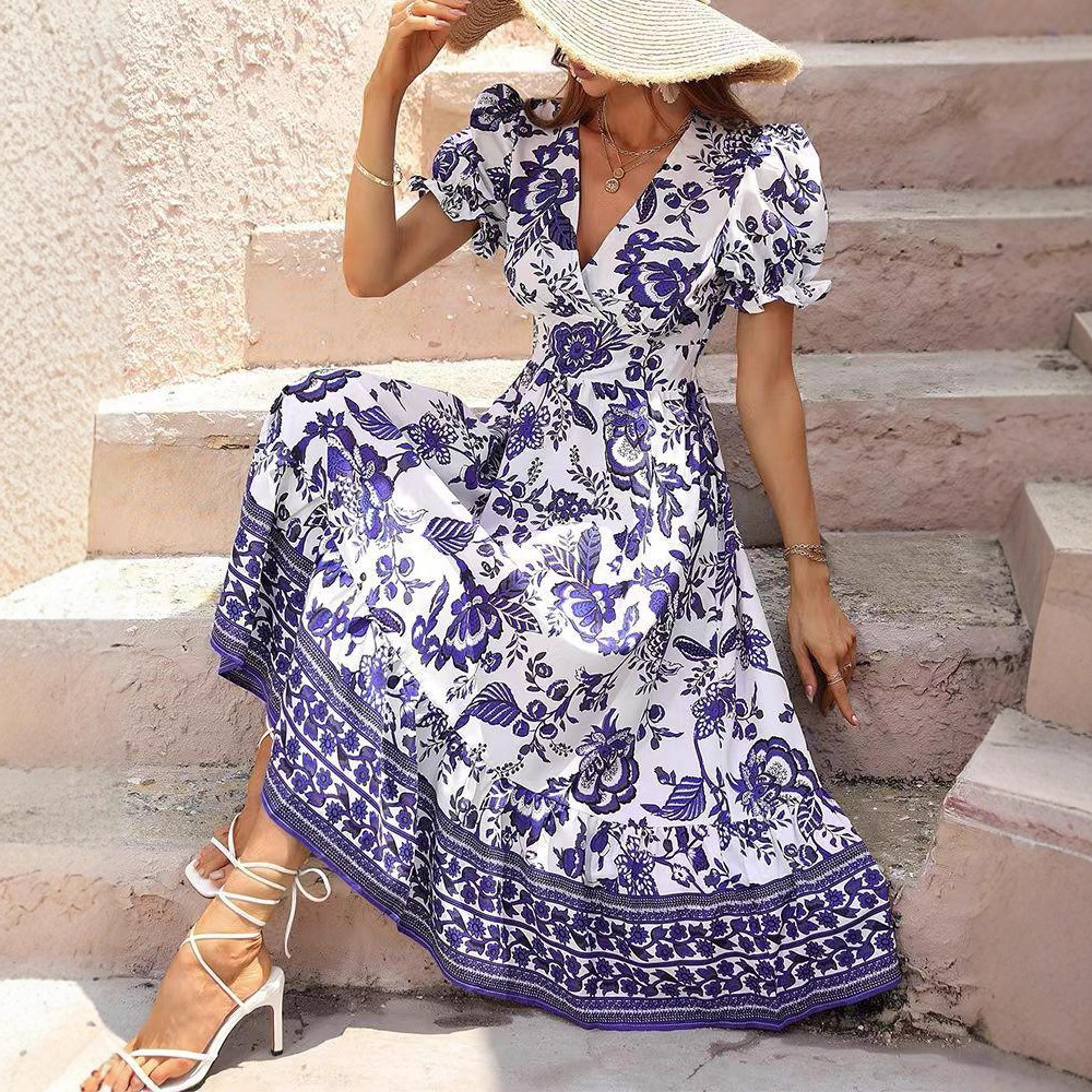 Elegant Floral Print V-Neck Bubble Sleeve Maxi Dress