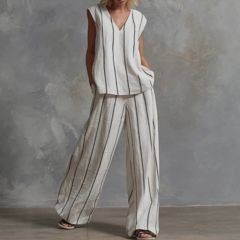 Black and White Vertical Striped Cotton-Linen Two-Piece Wide-Leg Pants Set