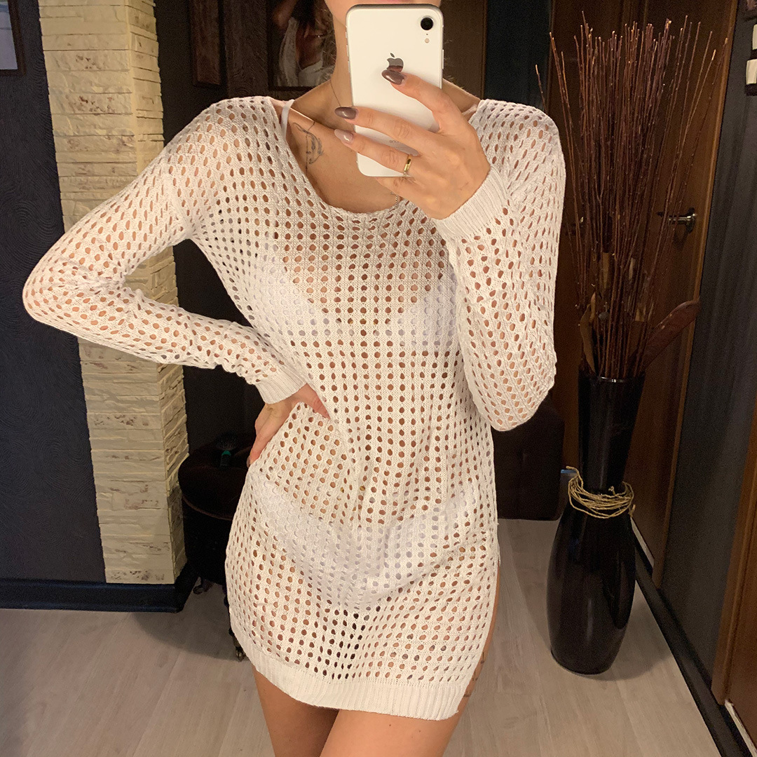 Open-Knit Long-Sleeve Sweater Bikini Cover-Up