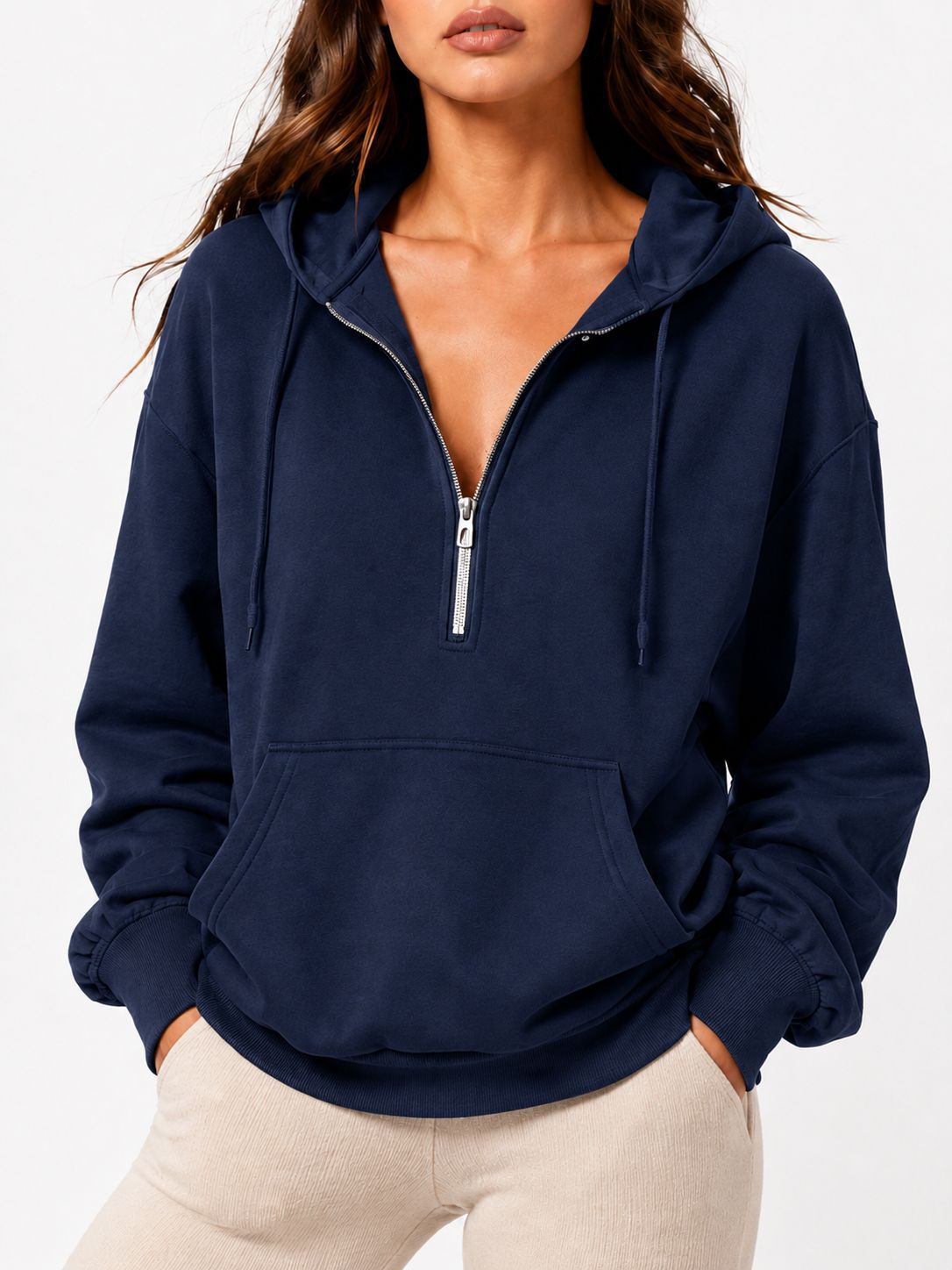 2026 Fall New Cross-Border European and American Loose Hooded Half-Zip Pocket Fall Winter Casual Sweatshirt Women's