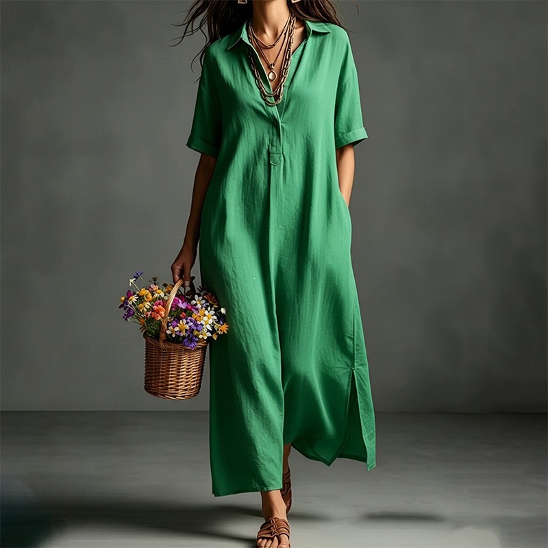 Women's Casual Solid Color Short Sleeve Collared Long Dress