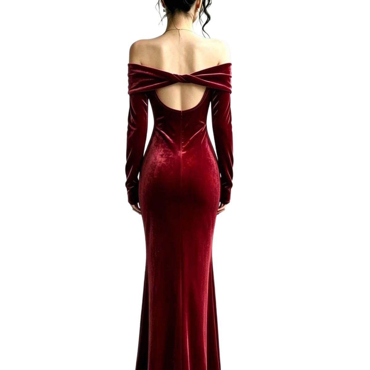 Gold Velvet Off-Shoulder Long Sleeve Bodycon Maxi Dress