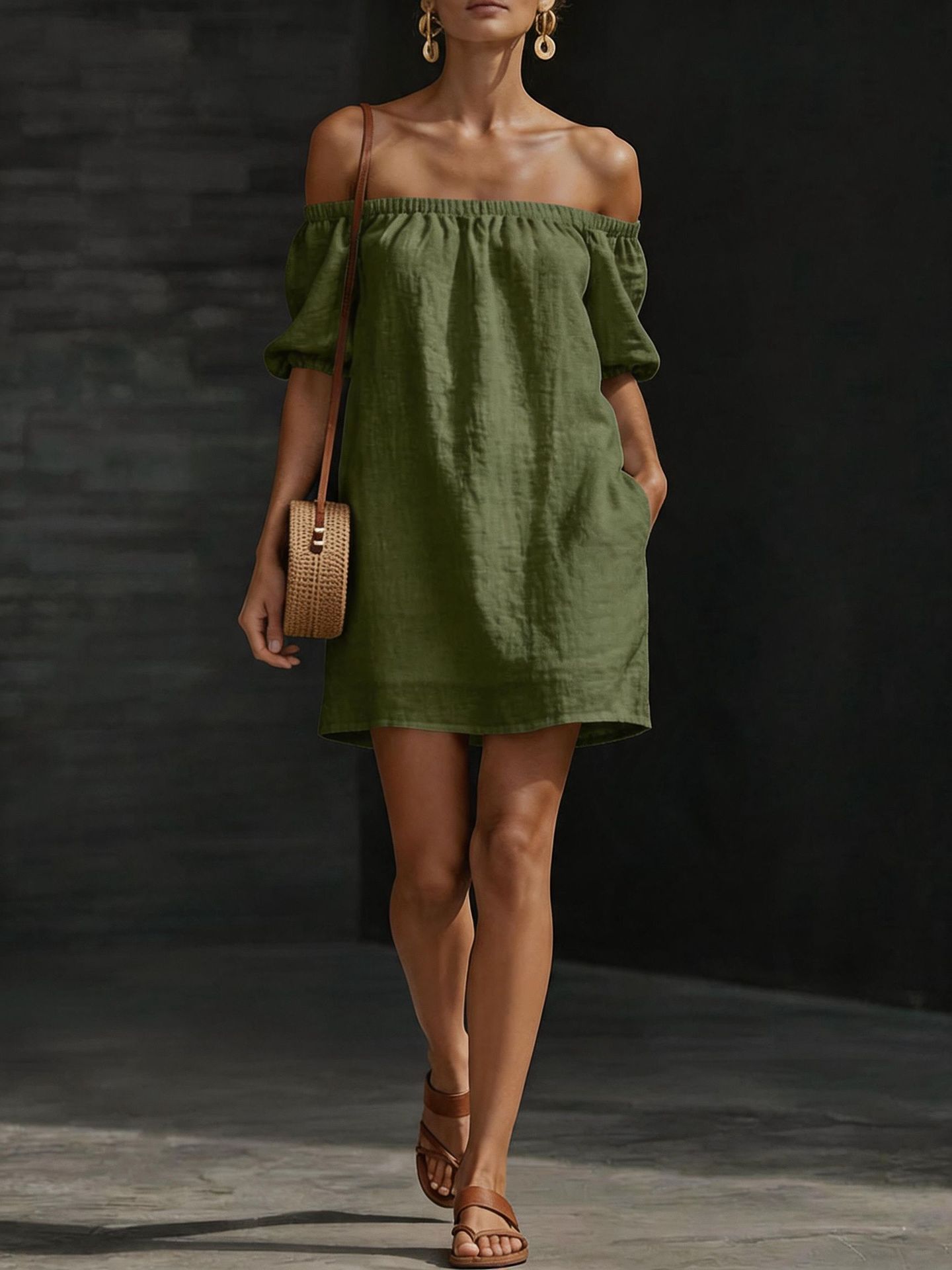 Women's Cotton-Linen Off-Shoulder Dress Solid Color Loose Fit