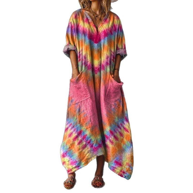 Women's Floral Ripple Print V-Neck A-Line Midi Dress Long Sleeve