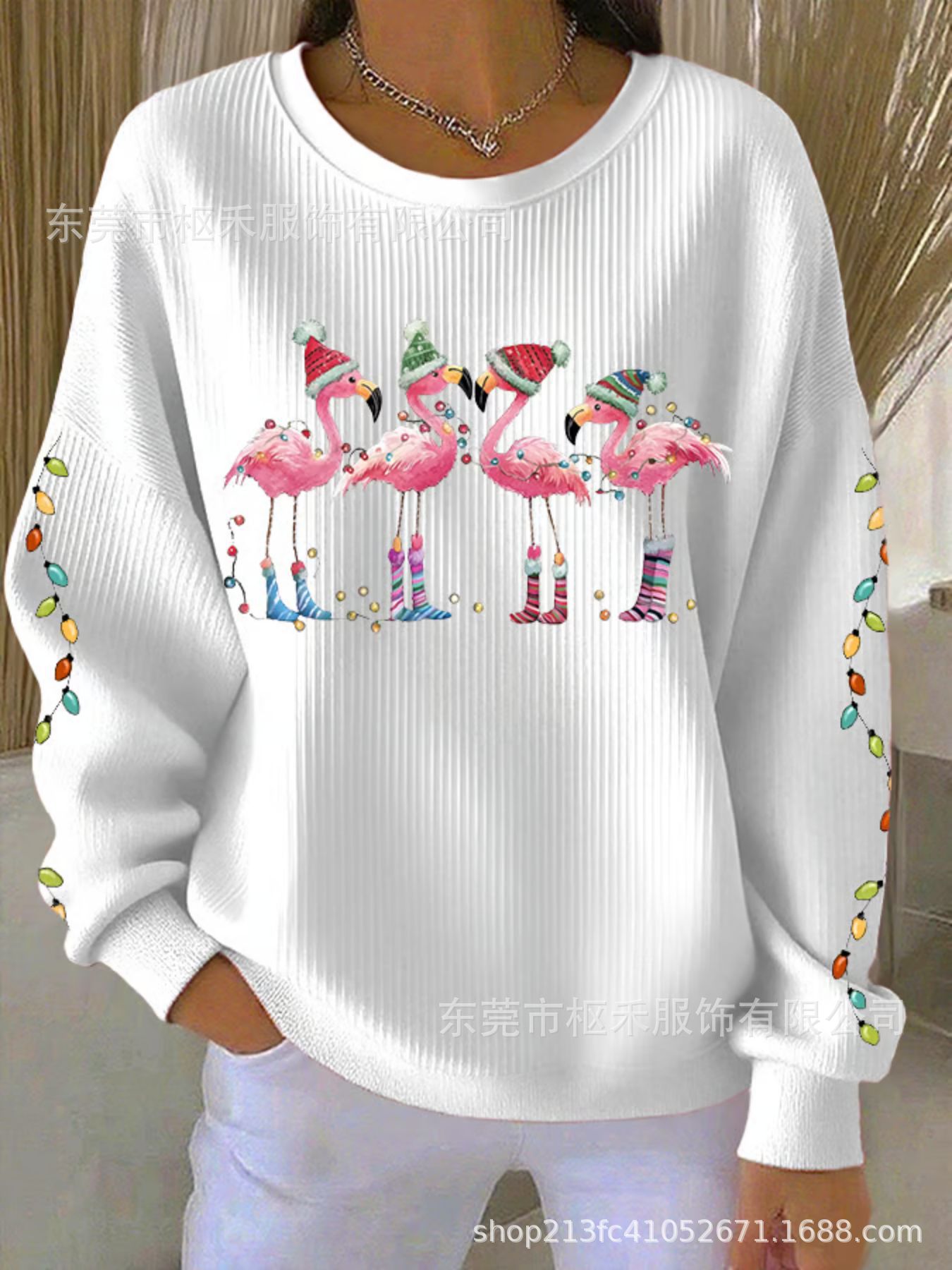 Flamingo Print Crewneck Long Sleeve Pullover Sweatshirt