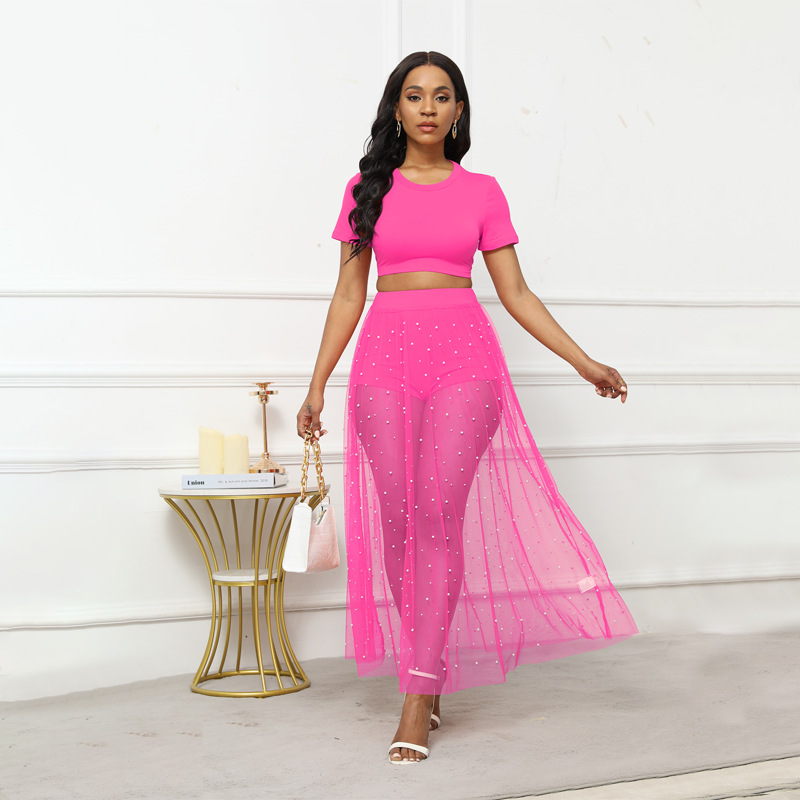 Beaded Sheer Mesh 3-Piece Skirt Set with Crop Top