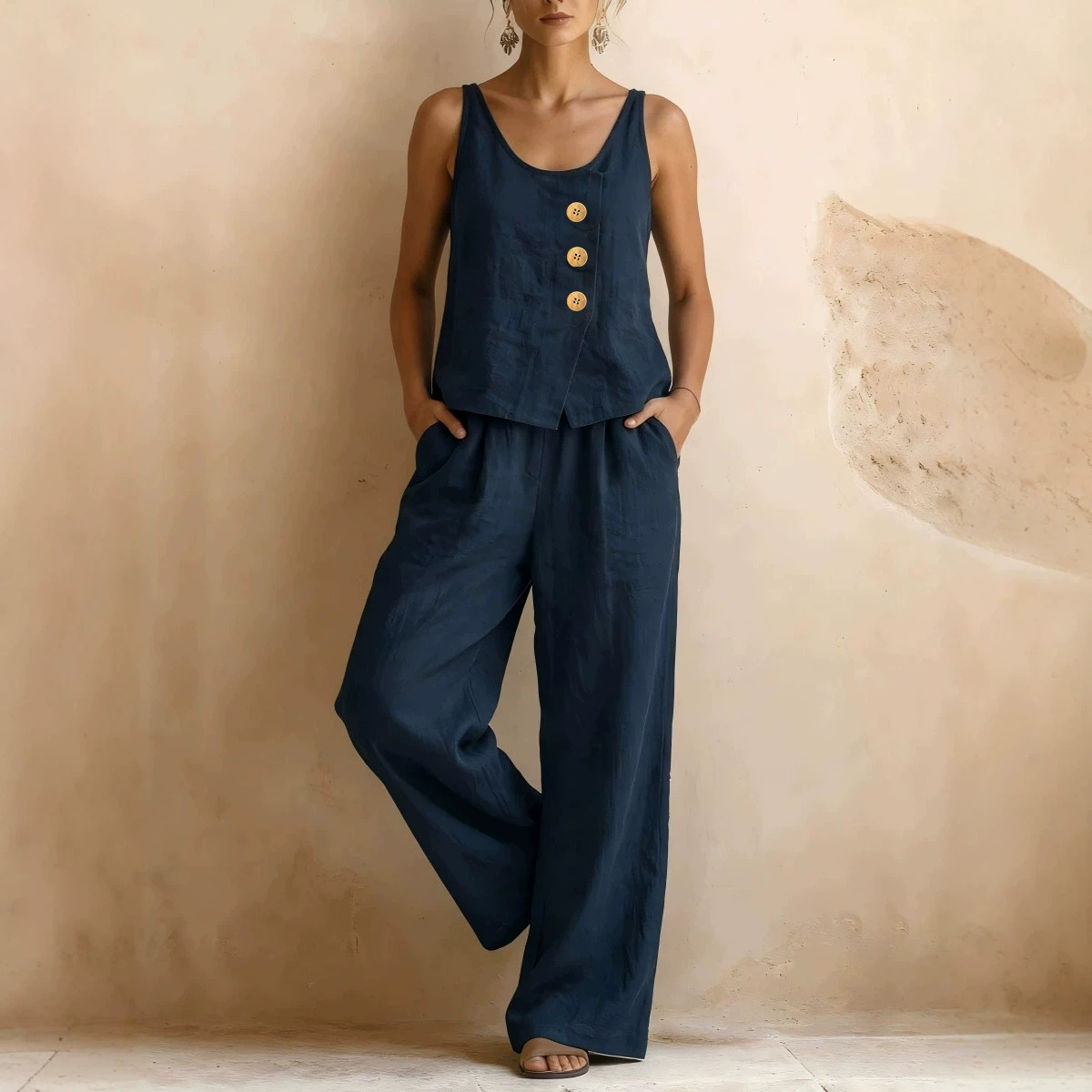 Women's Sleeveless Vest & Wide-Leg Pants Cotton-Linen Two-Piece Set