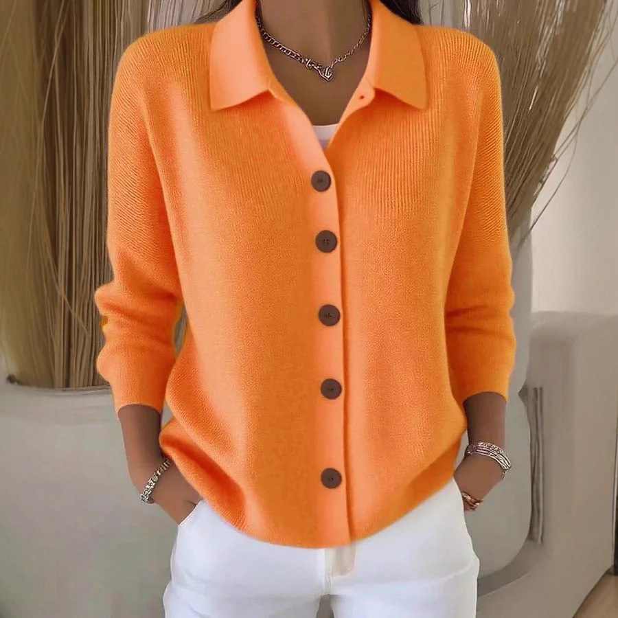 Button-Down Knit Cardigan with Collar Solid Color Casual Women's