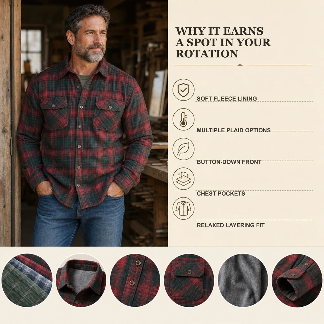 Key benefits of the plaid fleece-lined button-down shirt