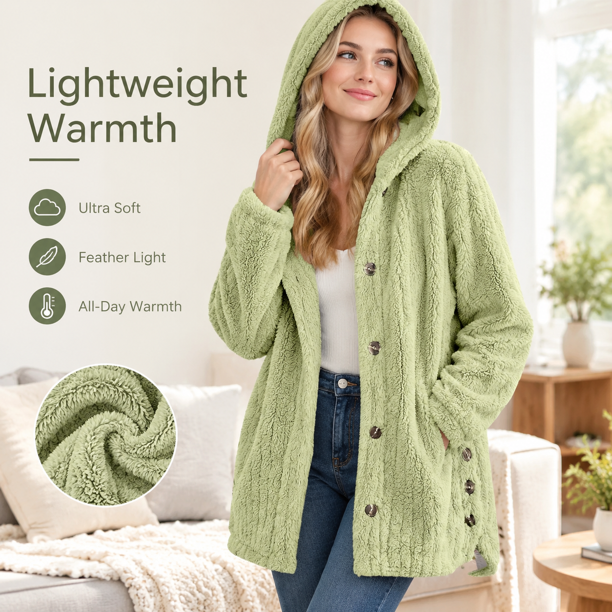 Teddy cardigan styling and its side button detail