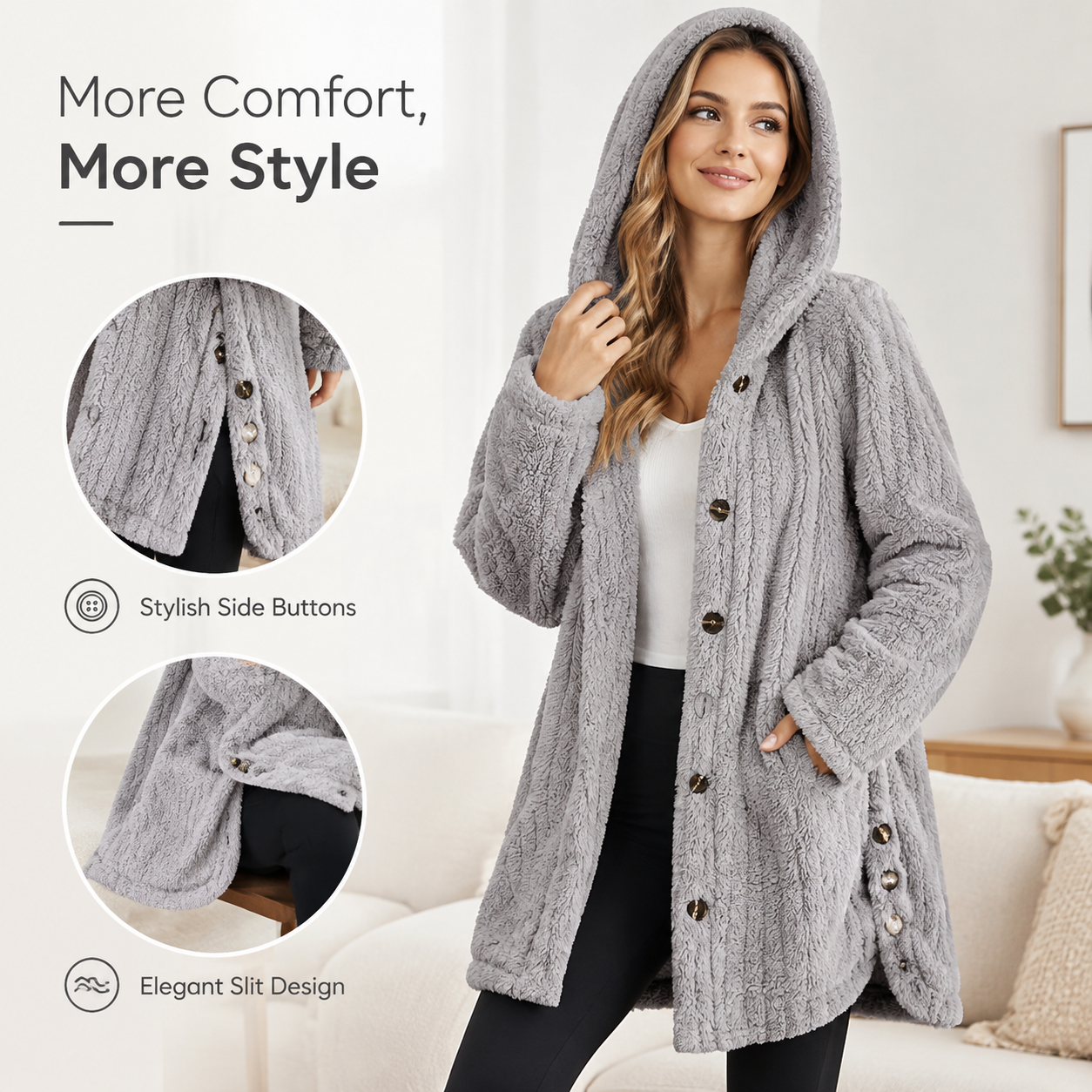 Mid-length plush cardigan shown from the front and in detail