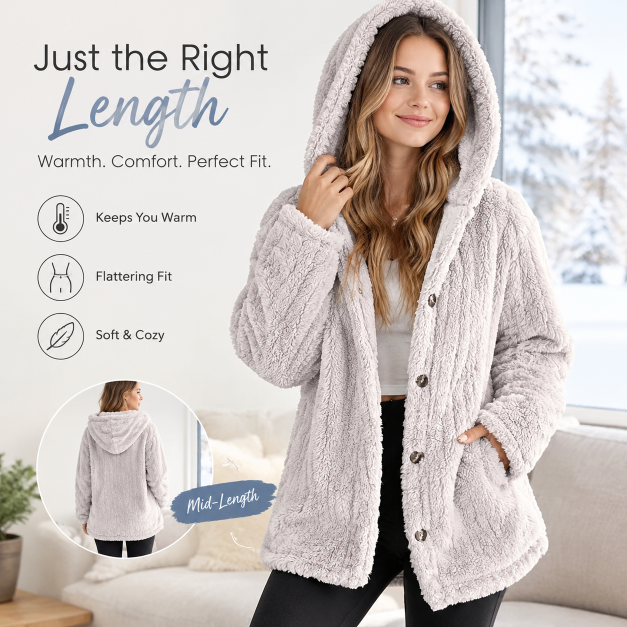 Relaxed plush hooded cardigan layered over a casual outfit