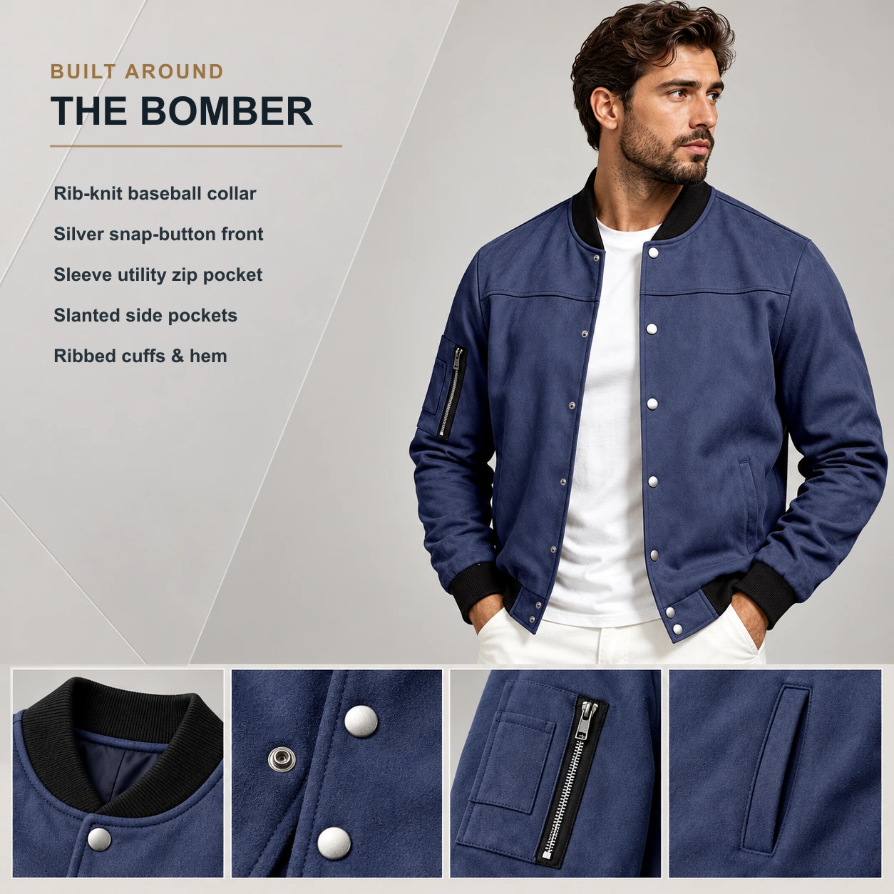 Bomber jacket feature overview with detailed construction close-ups
