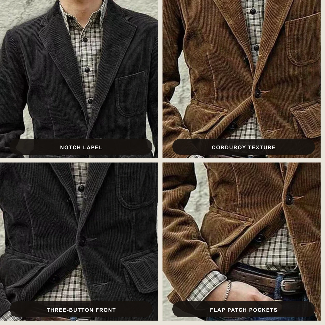 Close-up views of the corduroy blazer lapel texture buttons and flap pockets