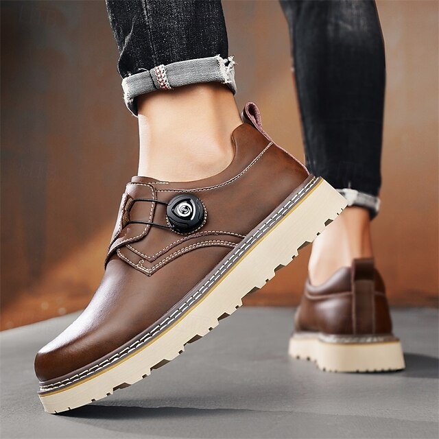 Men's Brown Casual Work Shoes – Durable Non-Slip Sole, Easy Twist Lock Closure, Comfortable Low-Top Design for Daily Wear, Office, and Outdoor Activities