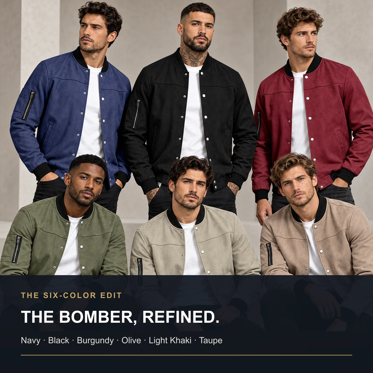 Six colors of the men's suede-look snap-front bomber jacket