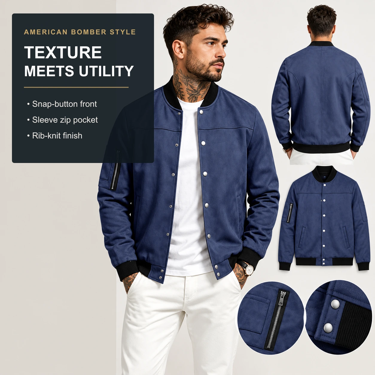 Navy bomber jacket shown from multiple angles with close-up details