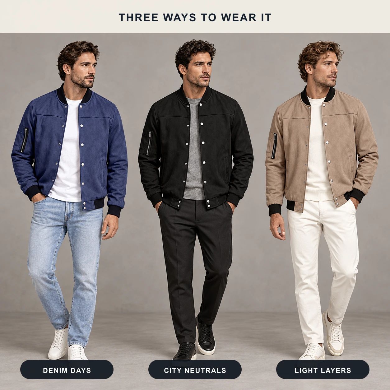 Three outfit ideas for the suede-look bomber jacket
