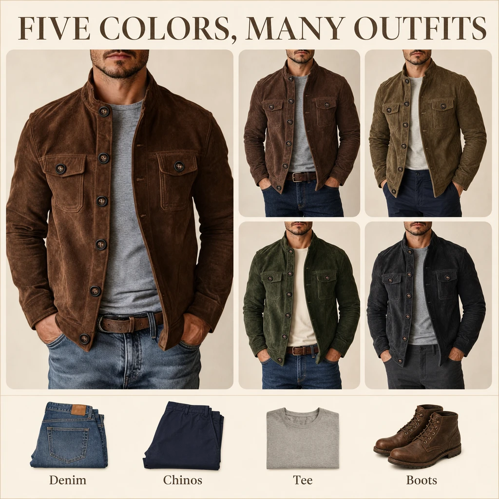 Five jacket colors styled with denim, chinos, tees, and boots